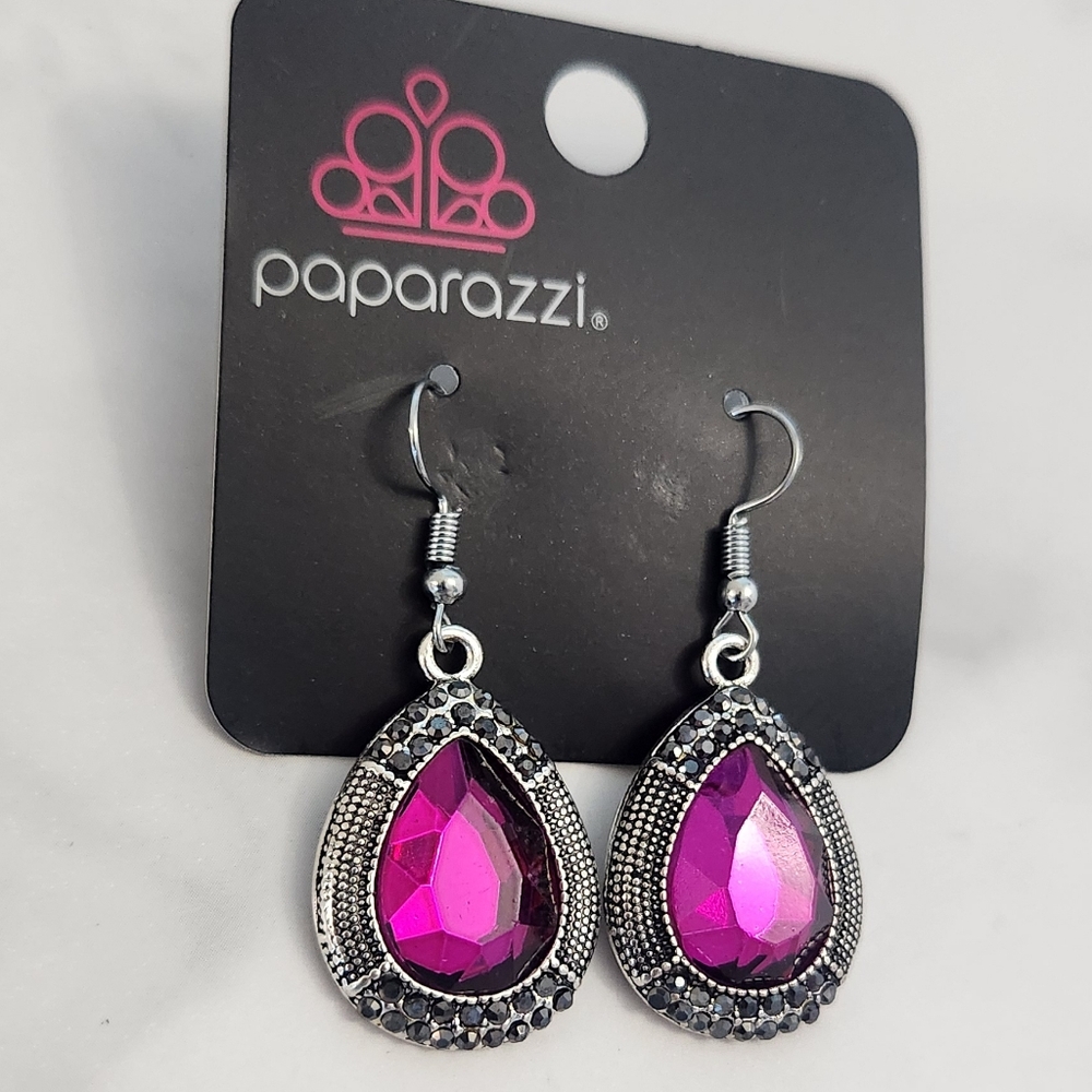 Paparazzi Magenta Teardrop Earrings Silver Setting Purple Crystal Dangle - Picture 5 of 9
